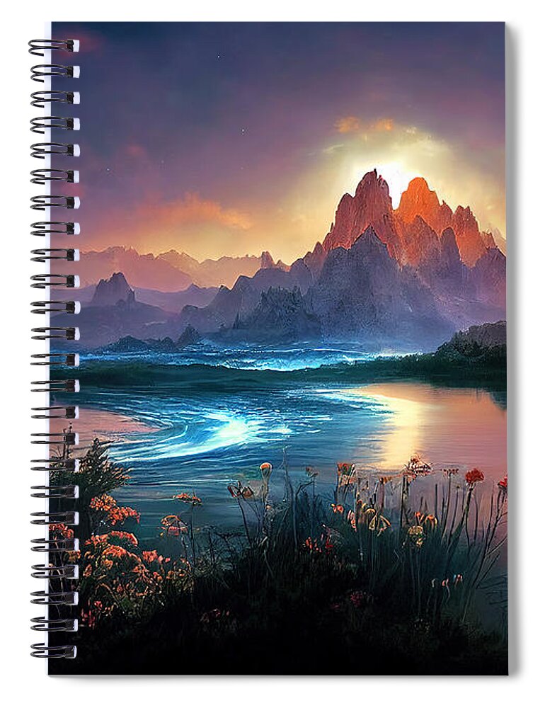 River Spiral Notebook featuring the mixed media River Mountain Landscape by John DeGaetano
