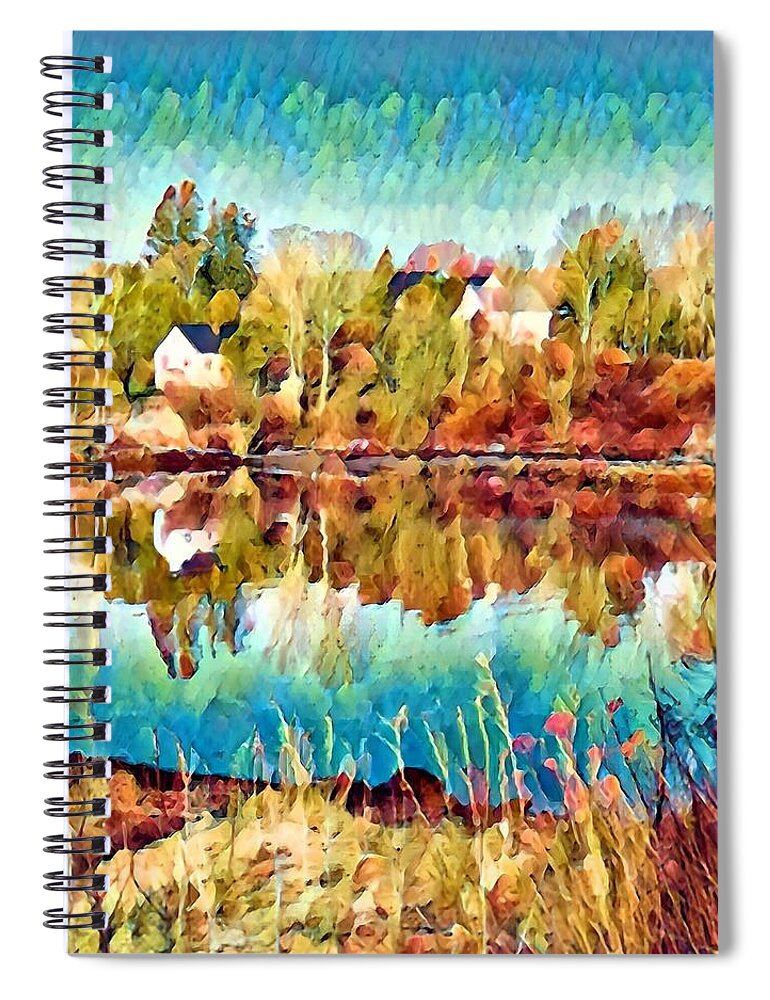 Landscape Spiral Notebook featuring the mixed media River Reflections in Autumn by Lisa Pearlman