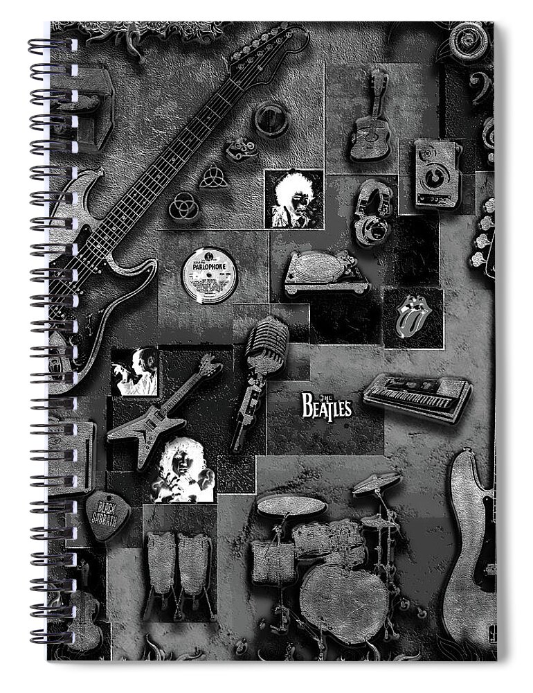 Guitars Spiral Notebook featuring the digital art Rock And Roll BW by Michael Damiani