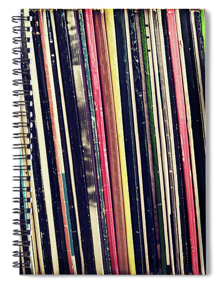 Music Spiral Notebook featuring the photograph Rockollection, vinyl records collection by Delphimages Photo Creations