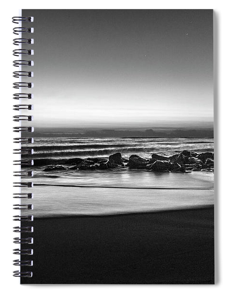 Birds Spiral Notebook featuring the photograph Rocky Beach at Dawn Black and White by Debra and Dave Vanderlaan