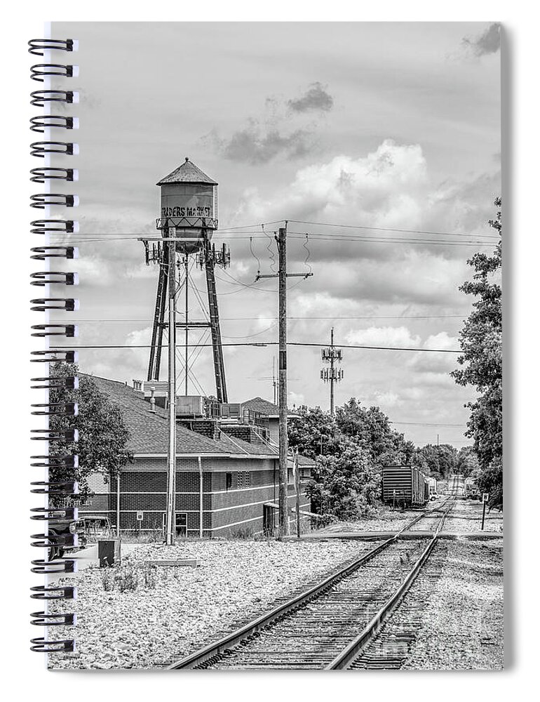 Railroad Tracks Spiral Notebook featuring the photograph Rogers Arkansas Red Water Tower Grayscale by Jennifer White