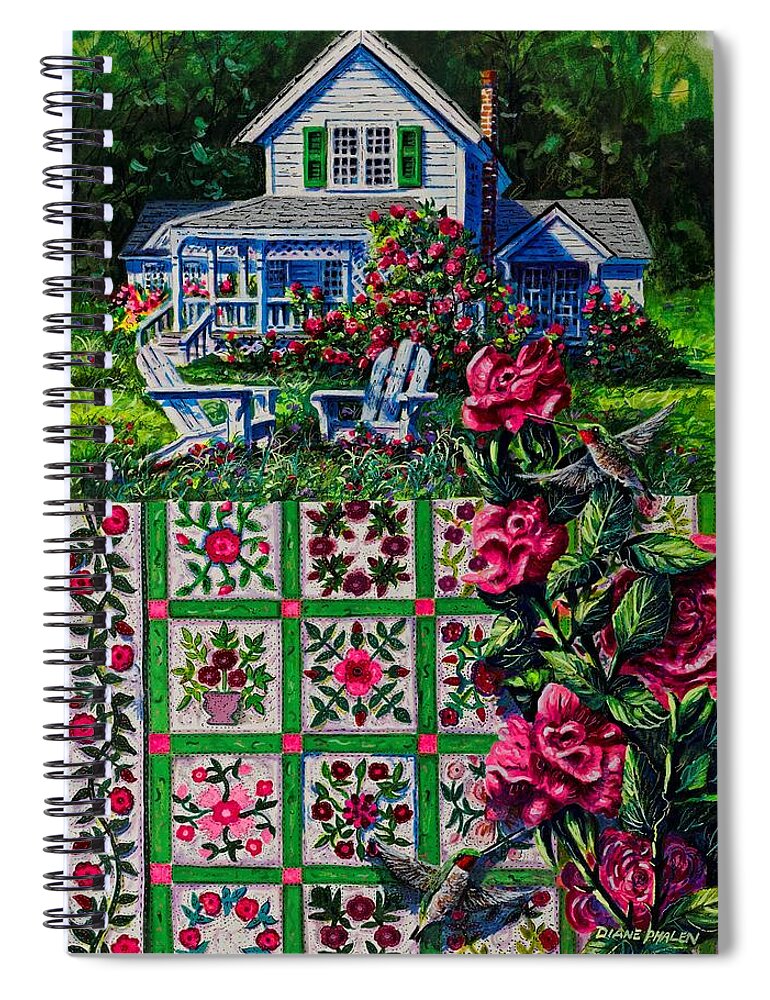 A Patchwork Quilt Of Traditional Rose Patterns In A Rose Garden With Hummingbirds Spiral Notebook featuring the painting Rose Garden by Diane Phalen