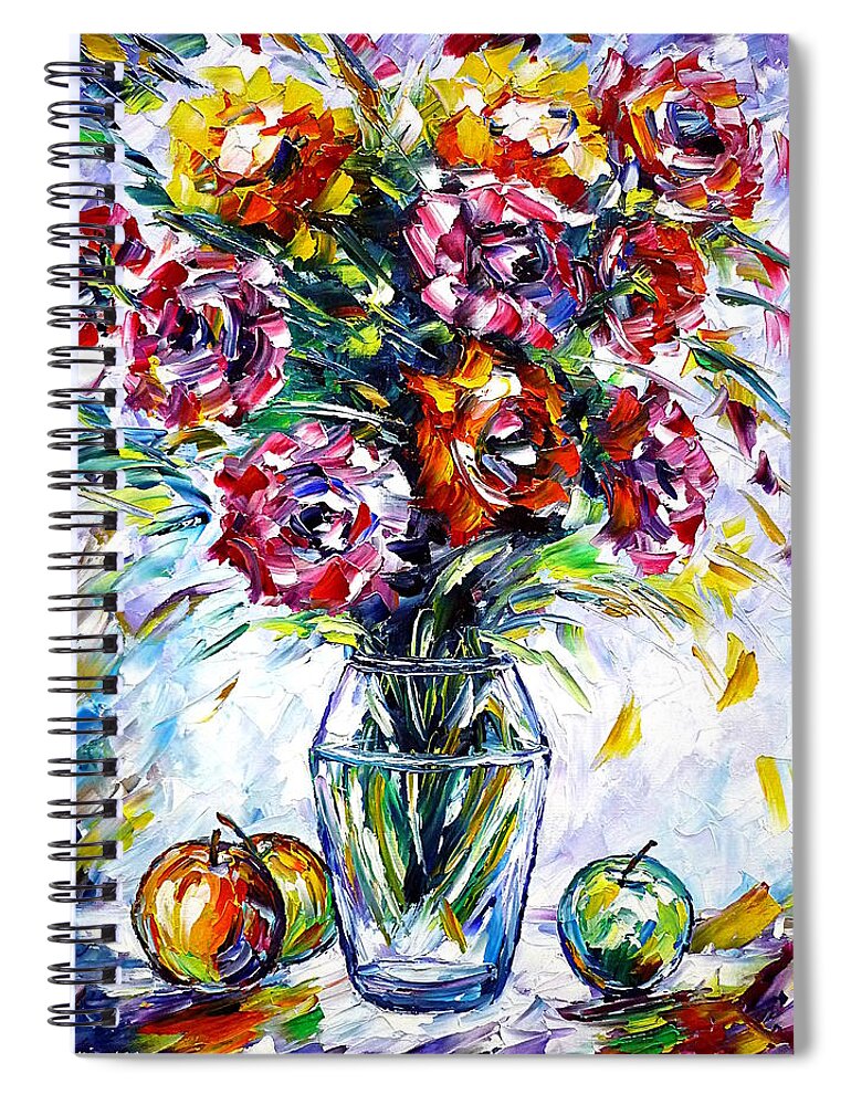 Roses In Vase Spiral Notebook featuring the painting Roses And Apples by Mirek Kuzniar