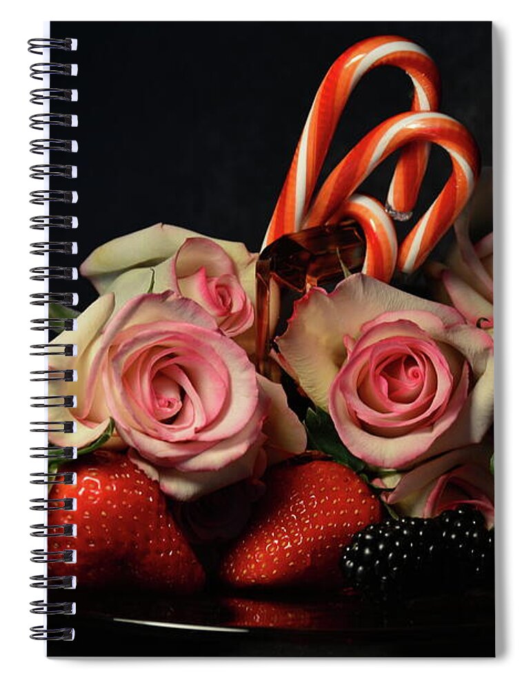 Pink Spiral Notebook featuring the photograph Roses and Candy Canes by Diana Mary Sharpton