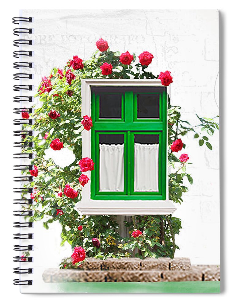 Door Spiral Notebook featuring the mixed media Roses 'Round My Window by Moira Law