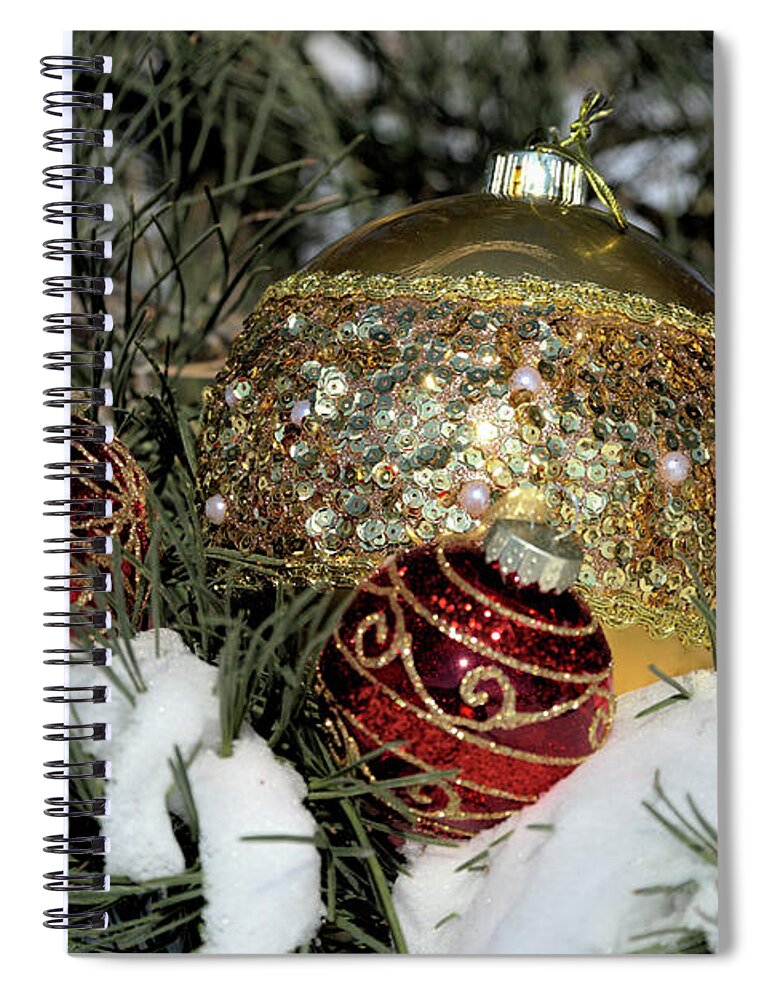 Fextive Spiral Notebook featuring the photograph Round Holiday Ornaments Outdoors by Kae Cheatham