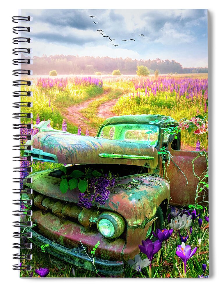 1950 Spiral Notebook featuring the photograph Rusty Truck in Spring Flowers by Debra and Dave Vanderlaan