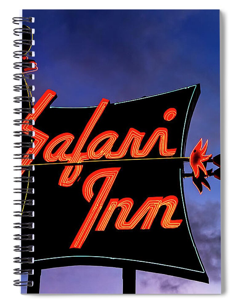Dusk Spiral Notebook featuring the photograph Safari Inn Night by Matthew Bamberg