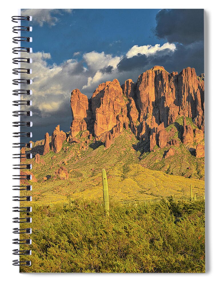 Superstition Mountains Spiral Notebook featuring the photograph Saguaro Cactus and Superstition Mountains by Chance Kafka
