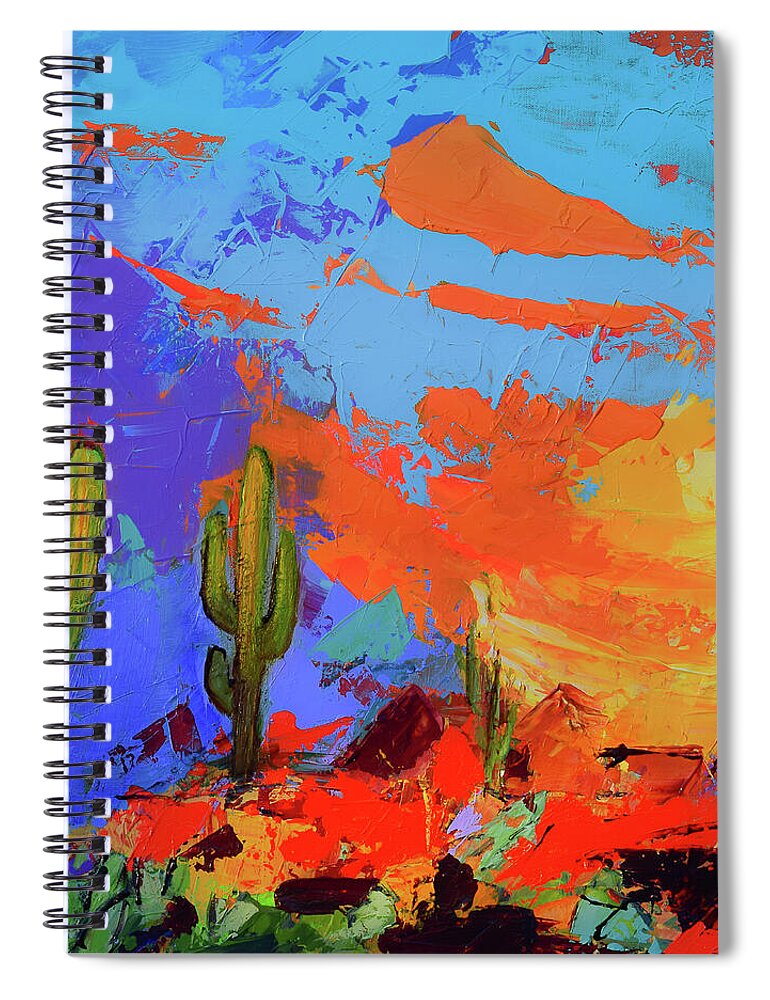 Saguaros Spiral Notebook featuring the painting Saguaros Land Sunset by Elise Palmigiani - Square version by Elise Palmigiani