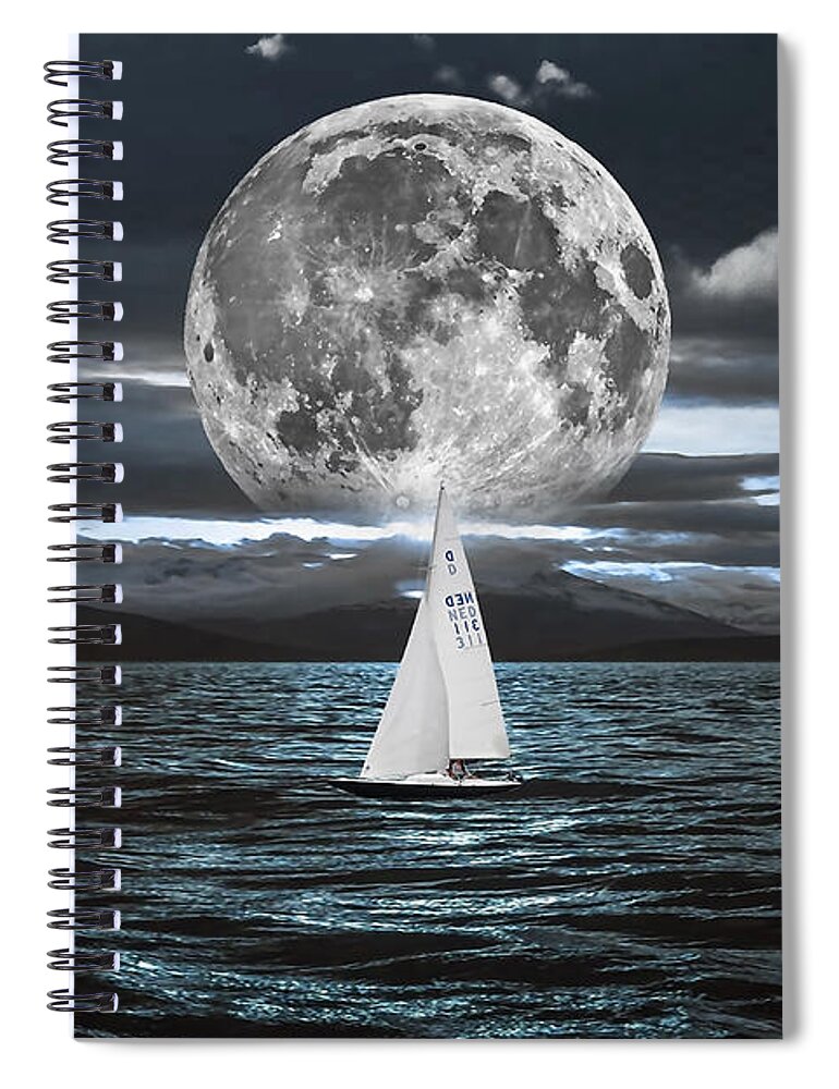 Blue Tree Spiral Notebook featuring the mixed media Sailing Under The Moon by Marvin Blaine