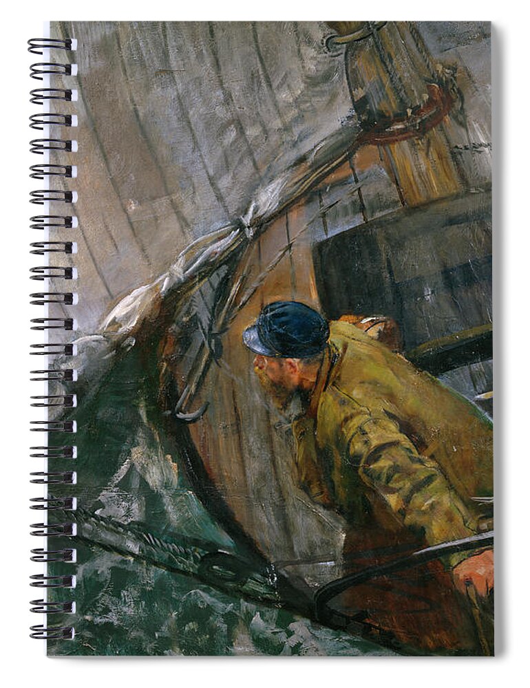 Christian Krohg Spiral Notebook featuring the painting Sailing with reef sails by O Vaering by Christian Krohg