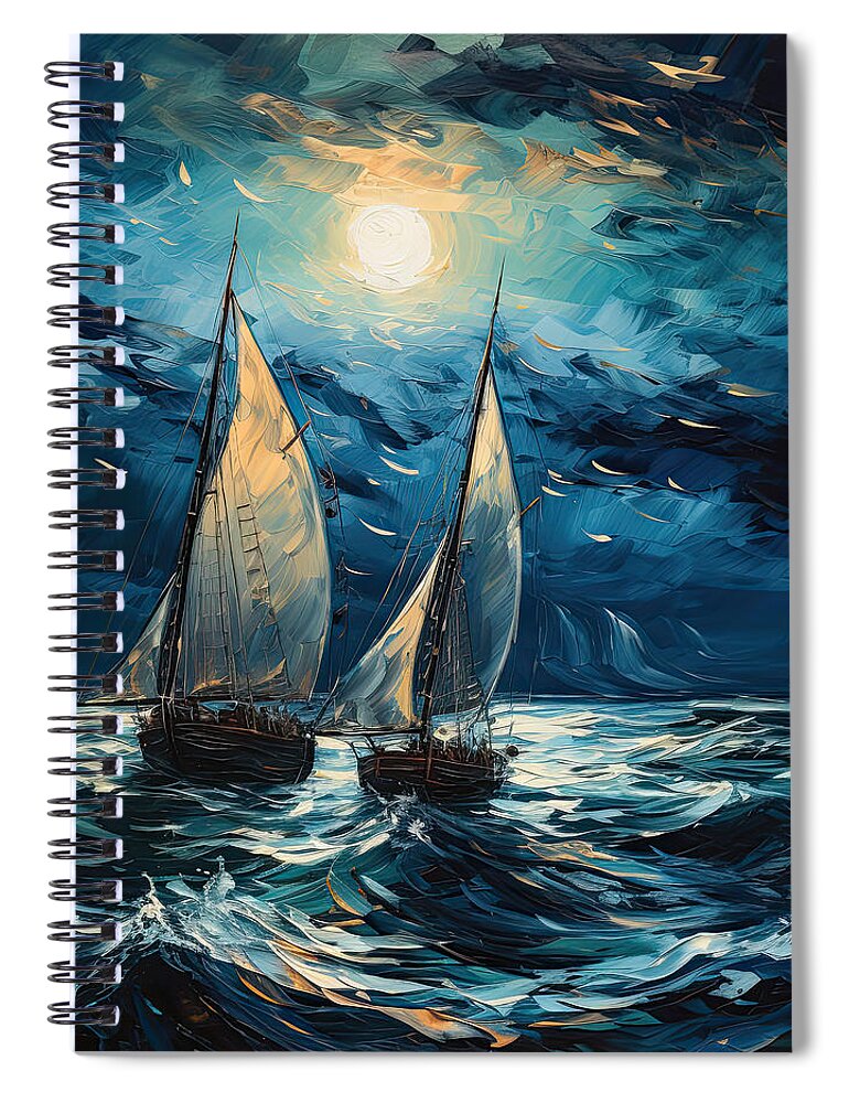 Turquoise Spiral Notebook featuring the painting Sailors Under the Moon - Sailors Art by Lourry Legarde