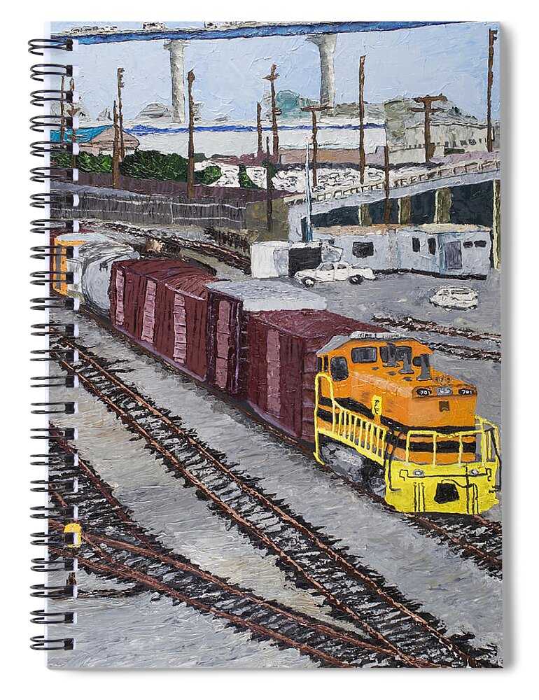 Trains Spiral Notebook featuring the painting San Diego Train Yard by Nick Ferszt