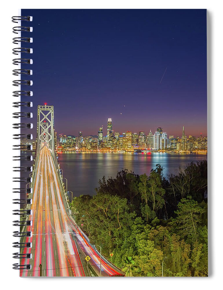 Bay Area Spiral Notebook featuring the photograph San Francisco Bay Bridge Nightscape Portrait by Scott McGuire