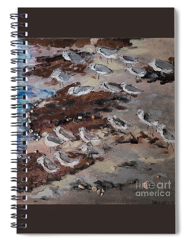  Spiral Notebook featuring the painting Sandpipers Awaiting Sunrise by Mark SanSouci