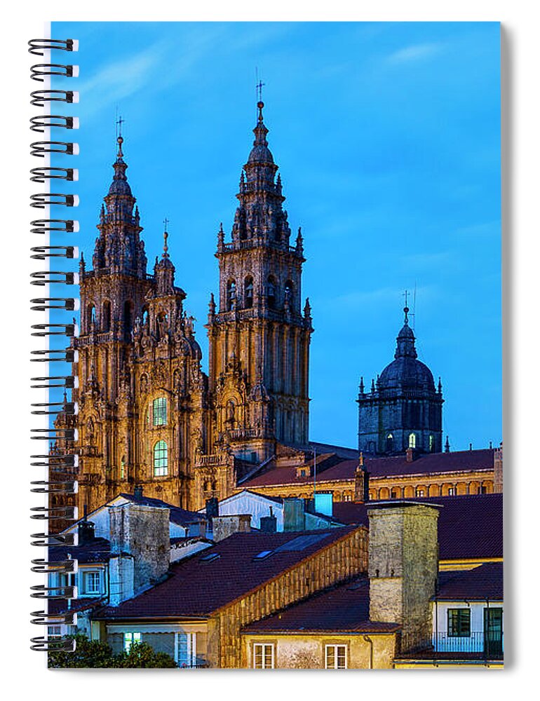 Way Spiral Notebook featuring the photograph Santiago de Compostela Cathedral Spectacular View by Night and Tiled Roofs La Coruna Galicia by Pablo Avanzini