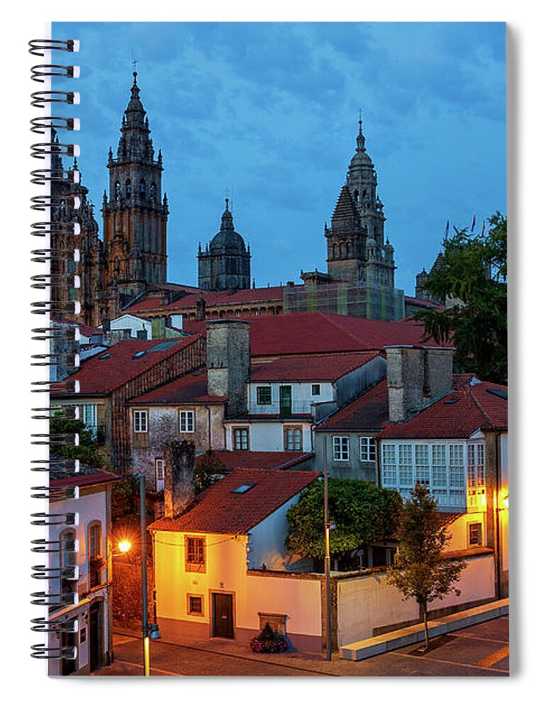 Way Spiral Notebook featuring the photograph Santiago de Compostela Cathedral Spectacular View by Night Dusk with Street Lights and Tiled Roofs La Corua Galicia by Pablo Avanzini