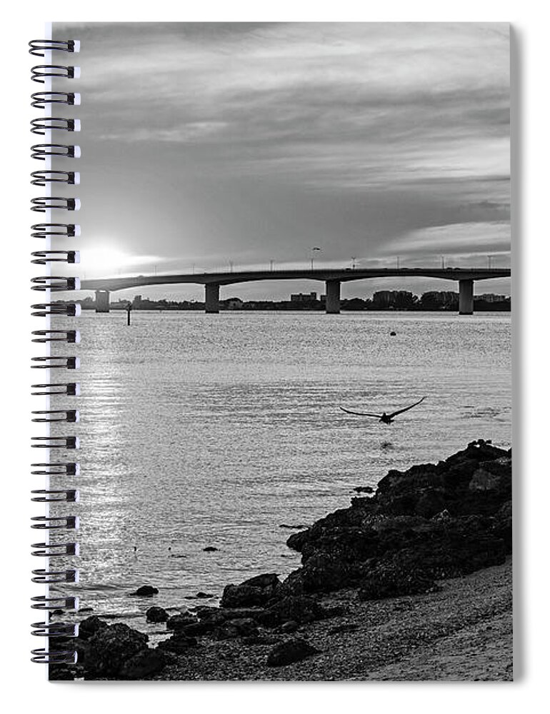 Sarasota Spiral Notebook featuring the photograph Sarasota FL Bayfront Park Sunset John Ringling Causeway Bridge Florida Pelican Black and White by Toby McGuire