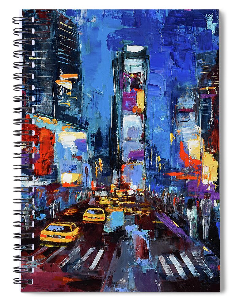 Times Square Spiral Notebook featuring the painting Saturday Night in Times Square by Elise Palmigiani