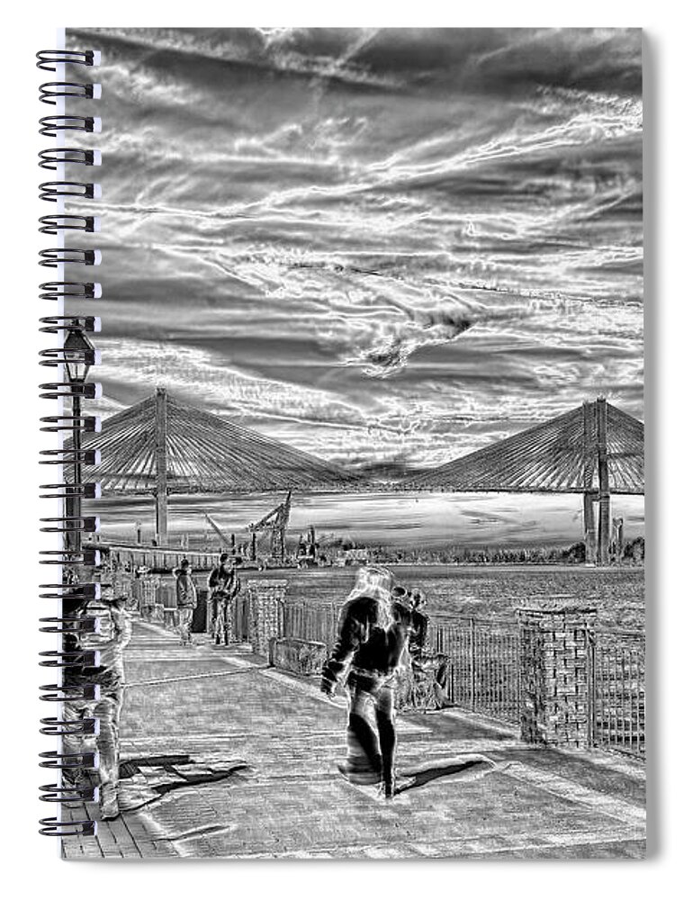 B&w Spiral Notebook featuring the photograph Savannah's River Walk Photo-Art by DB Hayes