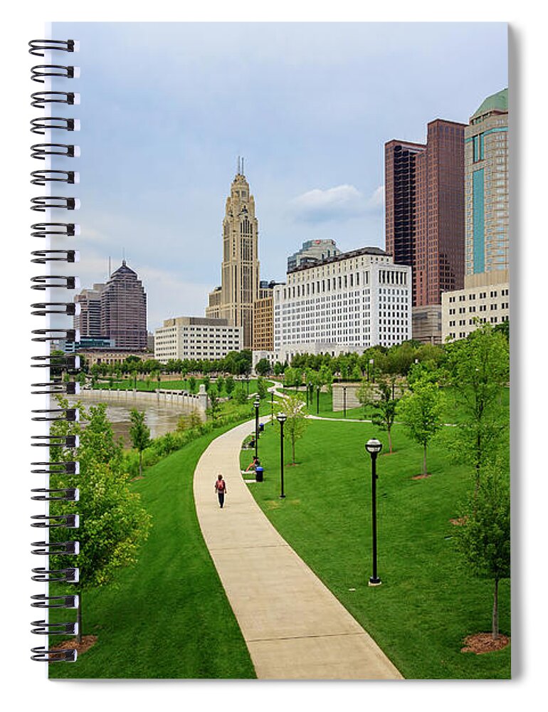 3scape Spiral Notebook featuring the photograph Scioto Mile Park and Columbus Skyline by Adam Romanowicz