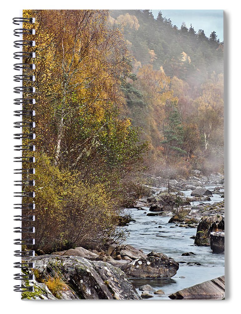 Fog Beauty Over River Scottish Golden Autumn Stones Boulders Cobbles Gravel Pebble Rocks Scree Birches Yellow Green Woods Forest Nature Elements Landscape View Scenery Water Flow Beautiful Delightful Pretty Calm Restful Relaxing Relaxation Serenity Atmospheric Aesthetic Mindfulness Magnificent Powerful Stunning Walking Art Artistic Painterly Imaginable Beauty Fresh Untouched Nobody Solitary Delicate Gentle Scotland River Scottish Highlands Uk Impression Expressive Misty Fall Vista Smart River Spiral Notebook featuring the photograph Fog Beauty Over River Scottish Golden Autumn by Tatiana Bogracheva