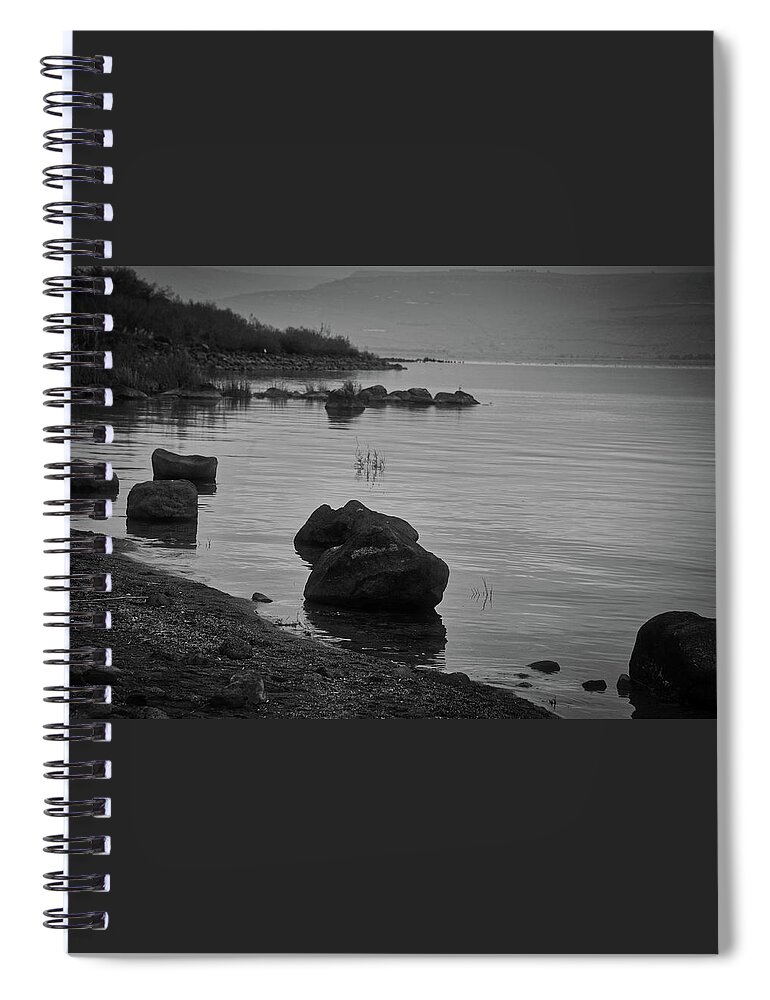 Black And White Spiral Notebook featuring the photograph Sea of Galilee in Black and White 015 by James C Richardson