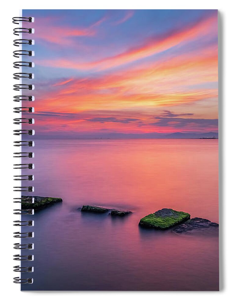 Thessaloniki Spiral Notebook featuring the photograph Sea of Tranquility and a Colorful Sunset by Alexios Ntounas