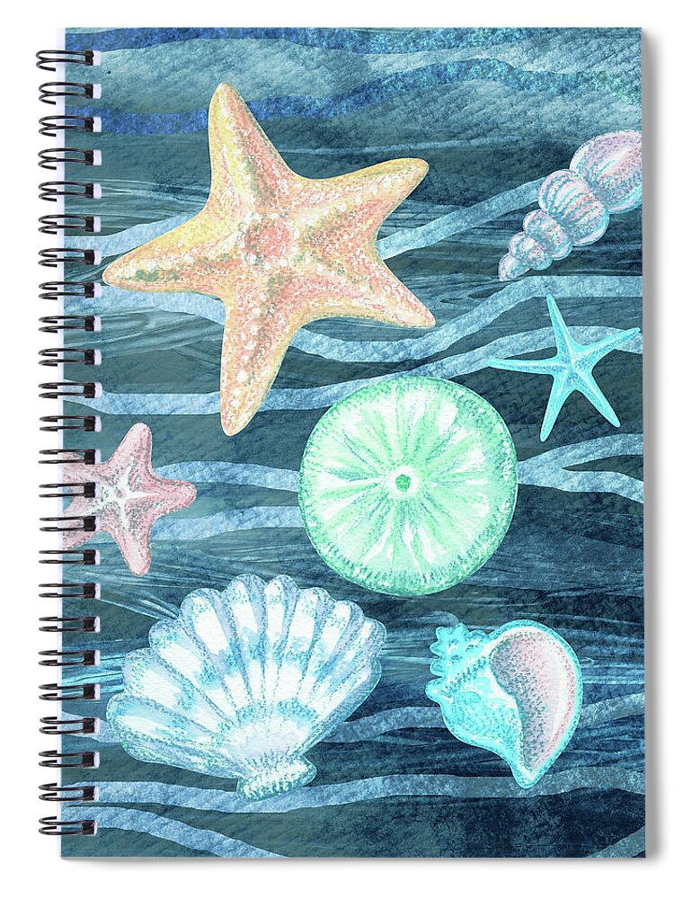 Beach Art Spiral Notebook featuring the painting Sea Stars And Shells On Blue Waves Watercolor Beach Art Collection III by Irina Sztukowski