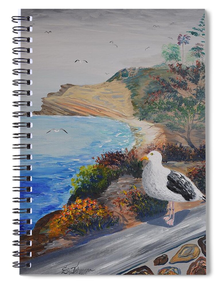 La Jolla Spiral Notebook featuring the painting Seagull at Shell Beach by Eric Johansen