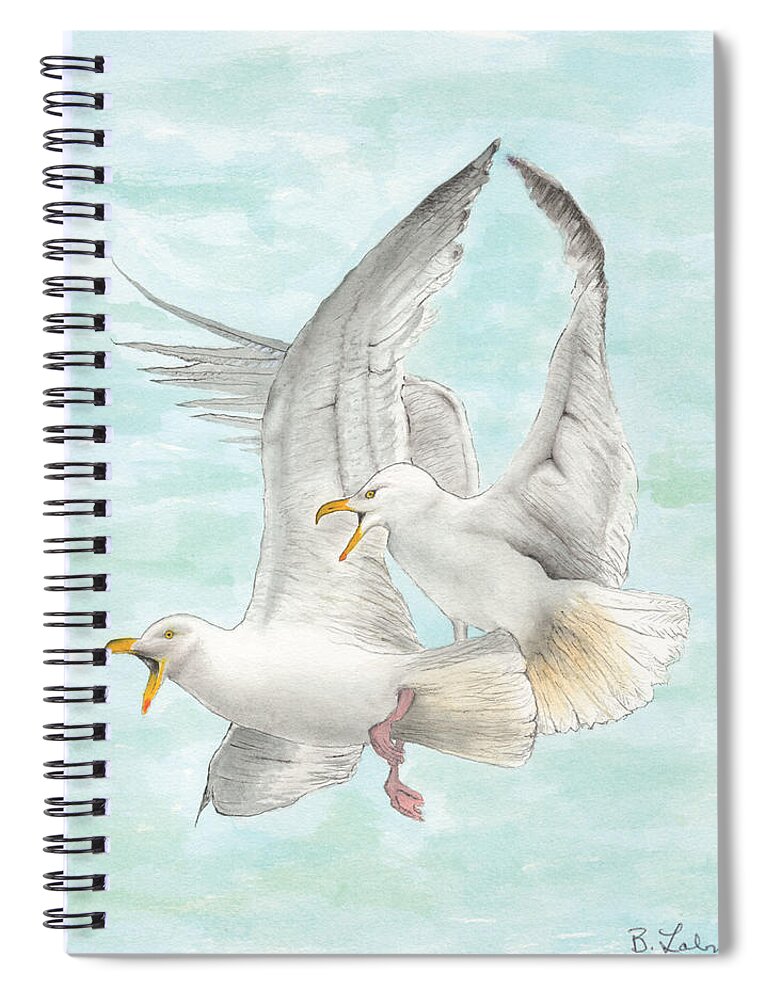 Seagulls Spiral Notebook featuring the painting Seagulls Fighting by Bob Labno