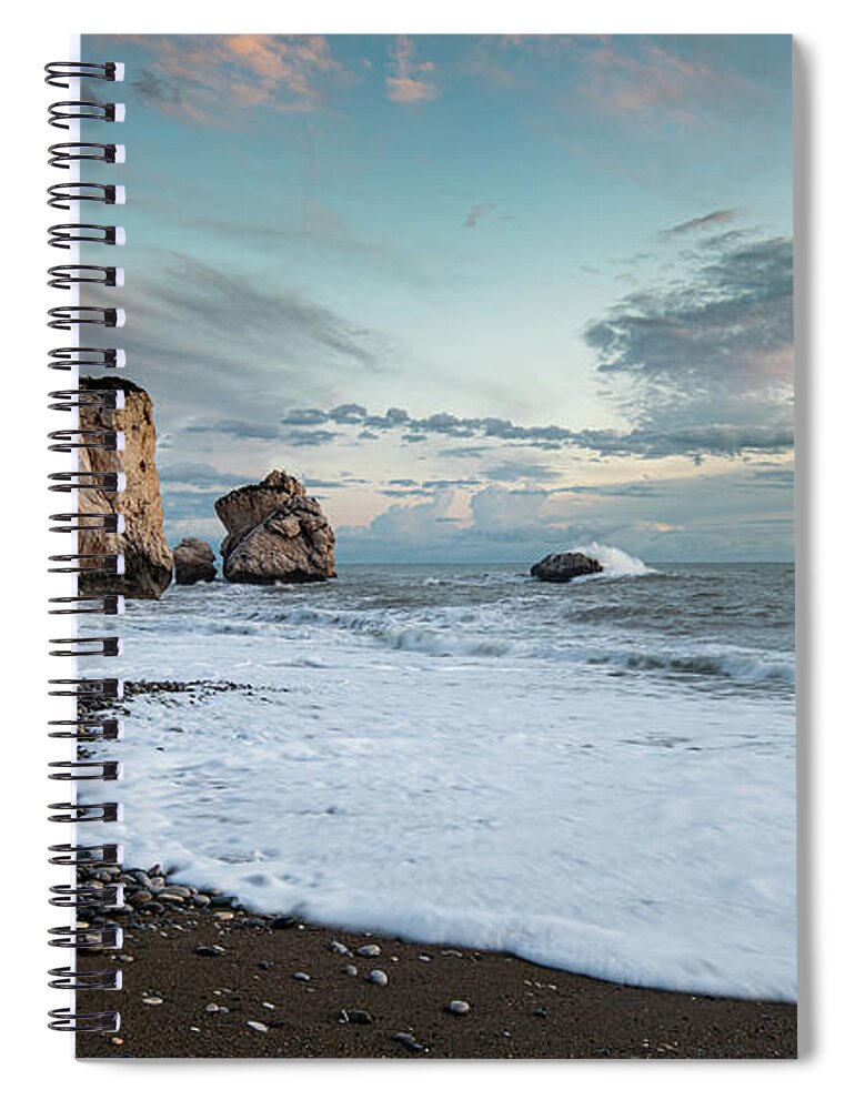 Sea Waves Spiral Notebook featuring the photograph Seascape with windy waves and moody sky during sunset by Michalakis Ppalis
