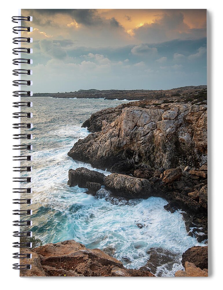 Stormy Sea Spiral Notebook featuring the photograph Seascape with windy waves during stormy weather at sunset. by Michalakis Ppalis