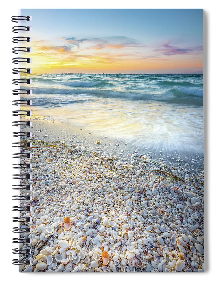 Seashells Spiral Notebook featuring the photograph Morning Seashells and Waves At Sanibel Island by Jordan Hill