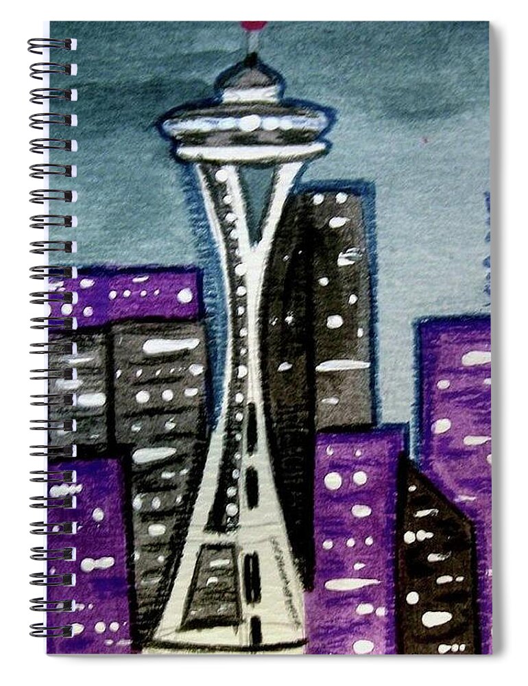 Space Needle Spiral Notebook featuring the painting Seattle Space Needle Cityscape by Monica Resinger