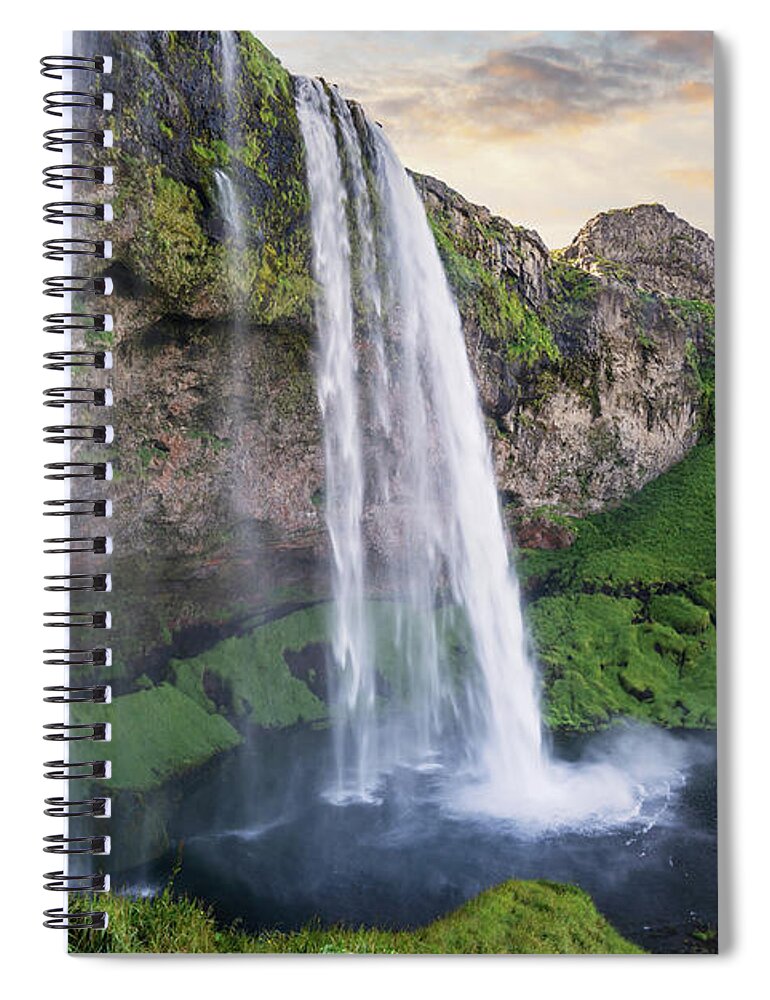 Iceland Spiral Notebook featuring the photograph Seljalandsfoss waterfall at sunrise, Iceland by Delphimages Photo Creations