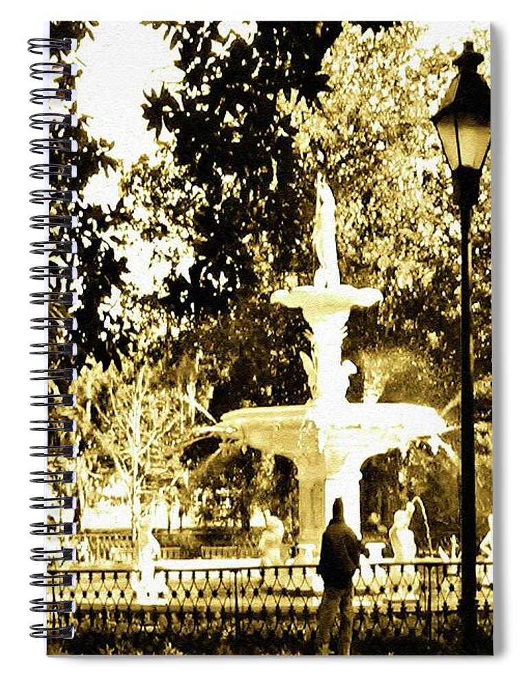 Public Spaces Spiral Notebook featuring the photograph Sepia Afternoon Forsyth Park Fountain in Savannah Georgia USA by Aberjhani