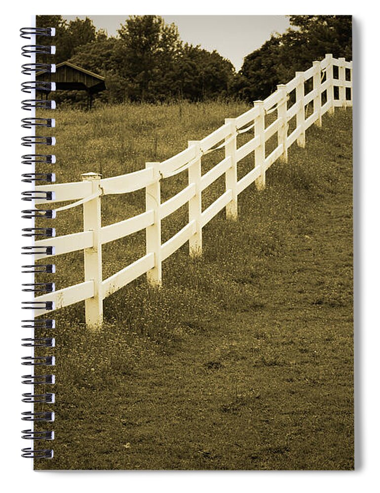 Paddock Spiral Notebook featuring the photograph Sepia Aged Fences 2 Rural Landscape Photograph by PIPA Fine Art - Simply Solid