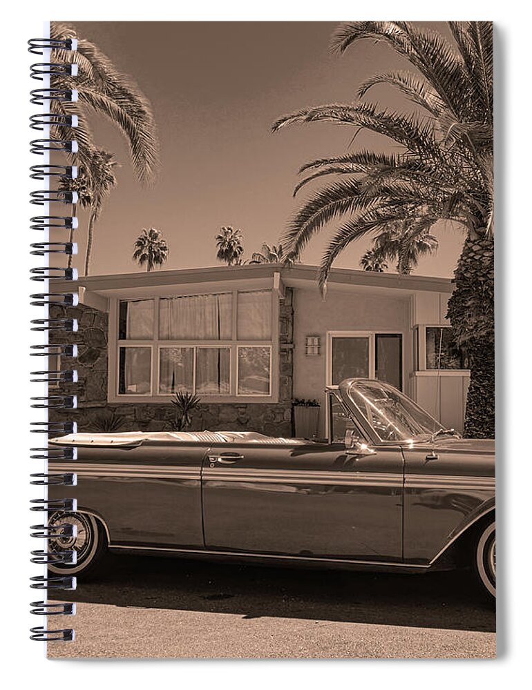 Sunliner Spiral Notebook featuring the photograph Sepia-Toned Mid-Century Modern Home with Vintage Convertible in Driveway by Matthew Bamberg