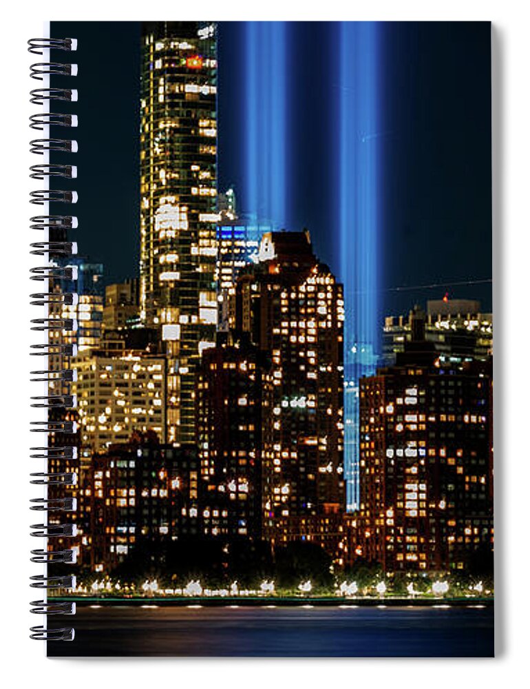September 11 Tribute Lights Spiral Notebook featuring the photograph September 11 Tribute Lights and the Lower Manhattan Skyline by Alina Oswald