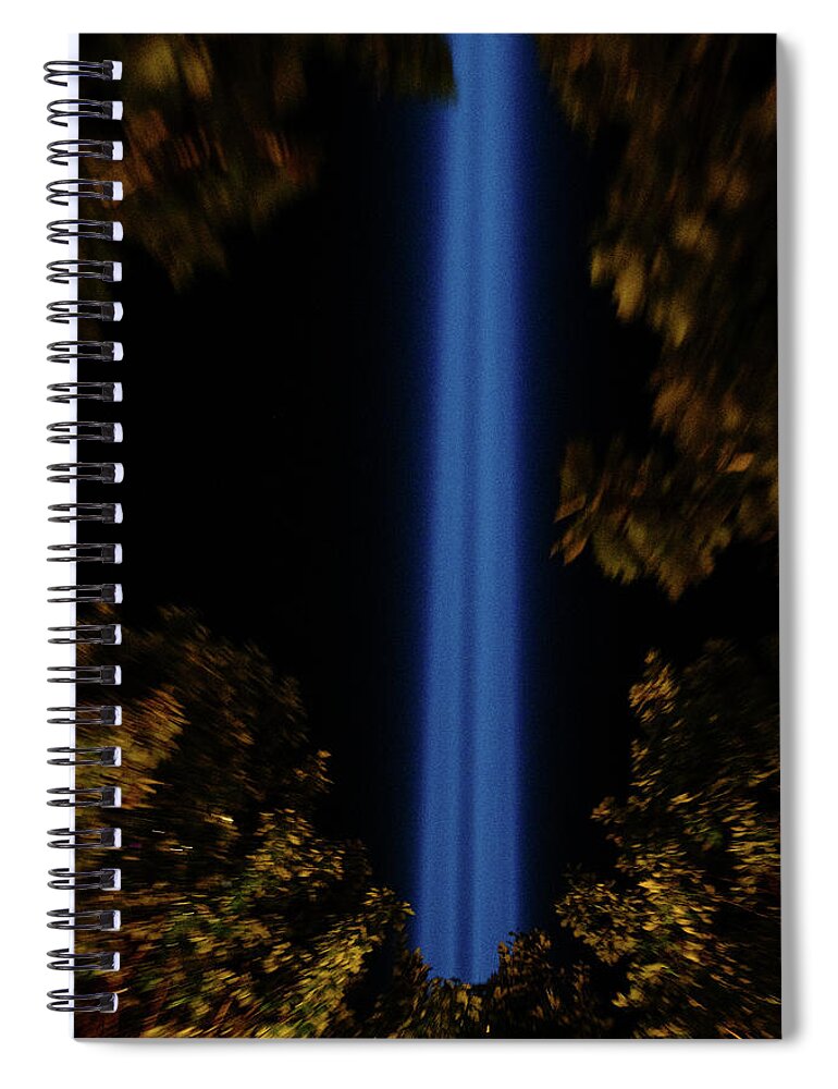 9/11 Tribute Lights Spiral Notebook featuring the photograph September 11 Tribute Lights Through Tree Leaves by Alina Oswald