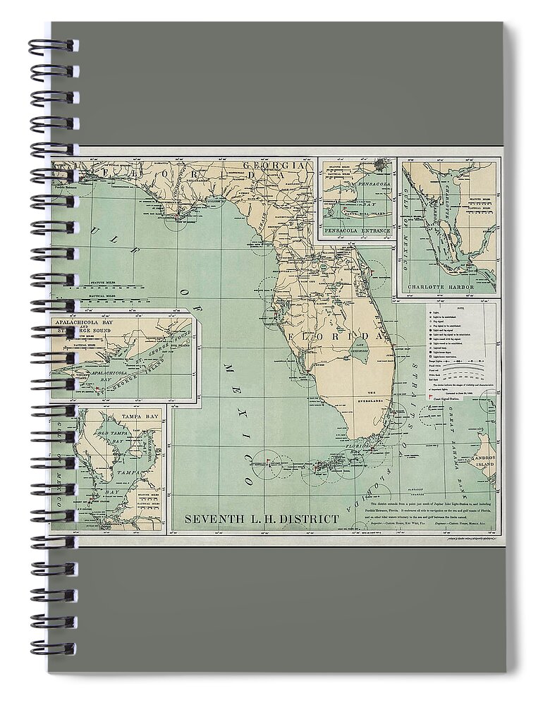 Florida Map Spiral Notebook featuring the photograph Seventh Light House District Vintage Map Florida 1898 by Carol Japp