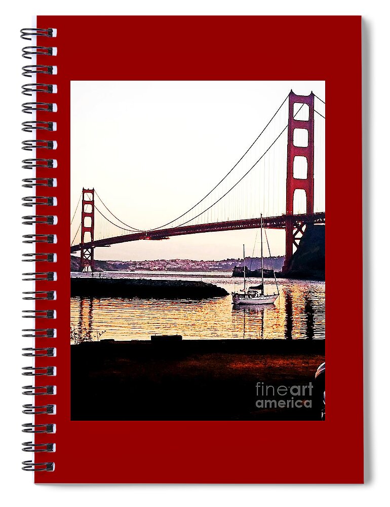 Golden Gate Bridge Spiral Notebook featuring the painting SF Fog Meets October Sunset by Artist Linda Marie
