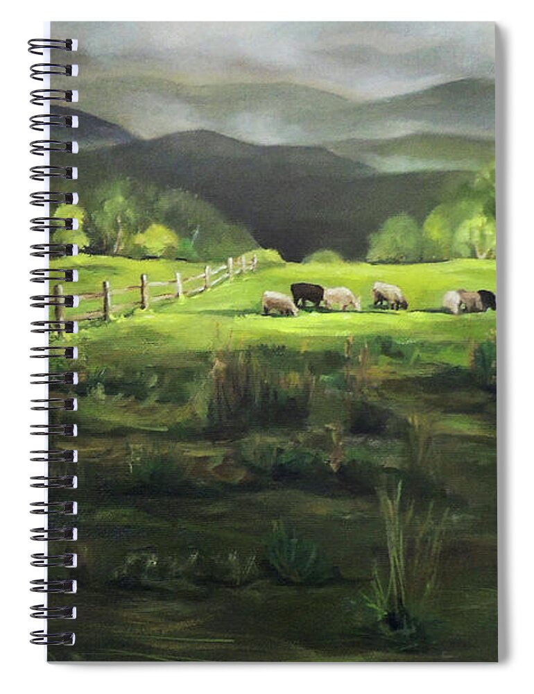 Green Mountains Spiral Notebook featuring the painting Sheep of Norwich Vermont by Nancy Griswold
