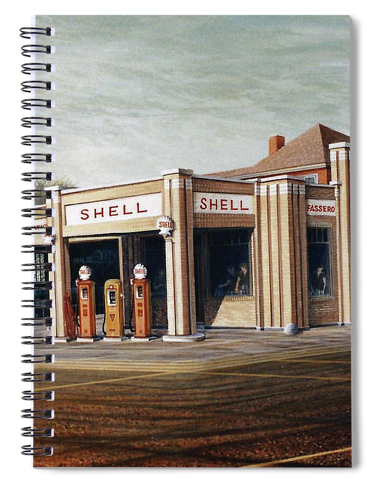 Architectural Landscape Spiral Notebook featuring the painting Shell Gas Station by George Lightfoot