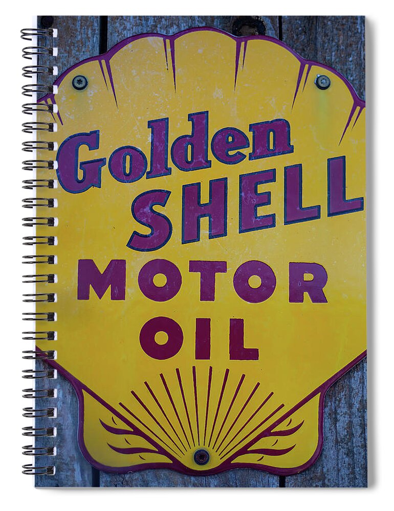 Shell Motor Oil Spiral Notebook featuring the photograph shell Motor Oil sign by Flees Photos