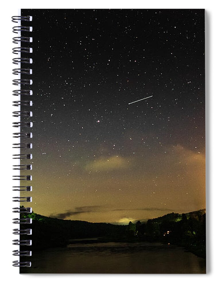 Night Spiral Notebook featuring the photograph Shooting Star Over The Upper Delaware River - Barryville NY Shohola PA Bridge by Amelia Pearn