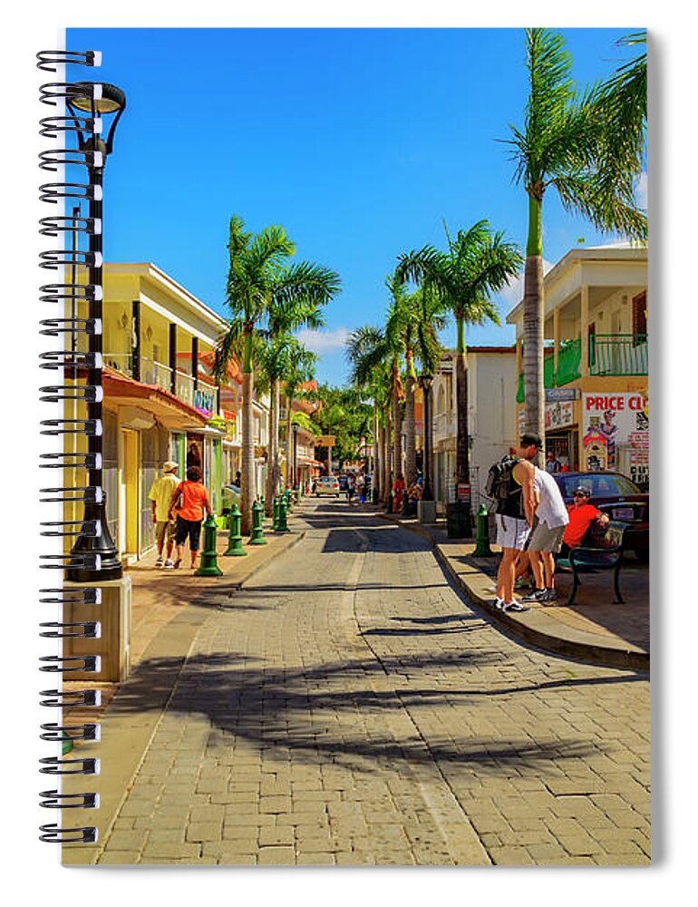 Trees; Travel; People; Color; Skies; Clouds Spiral Notebook featuring the photograph Shopping in Saint Maarten by AE Jones